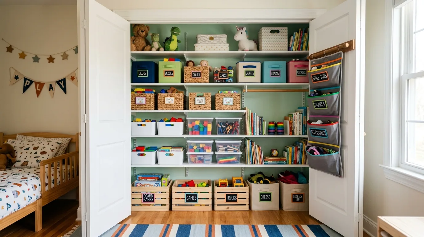 Kids closet organized for toy storage